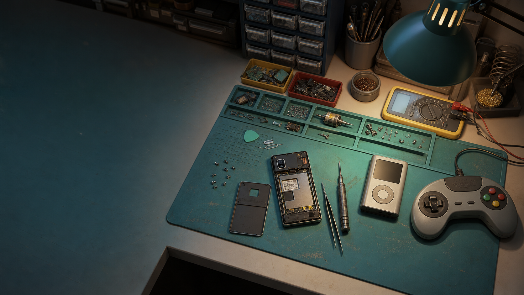 A nostalgic electronics repair workbench with tools and opened devices